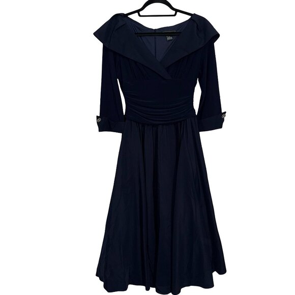 Jessica Howard Women's Portrait Collar Combo Midi Navy Blue Dress Sz 6 NWT - Picture 1 of 11